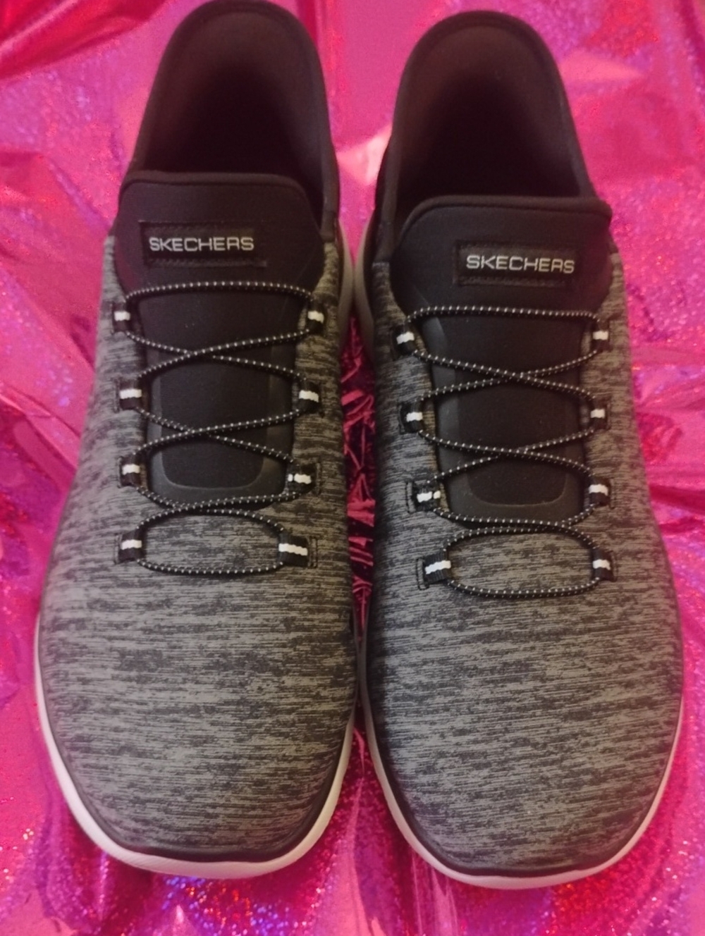 Skechers Women’s Gray Knit Slip-On Sneakers with Black Accents